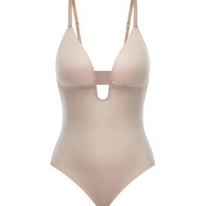 SPANX Suit Your Fancy Plunge Low-Back Thong Bodysuit (Large, Champagne Beige)